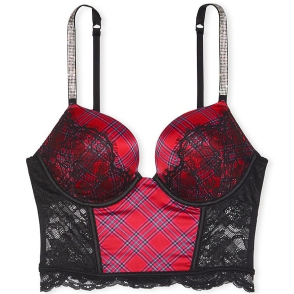 32A 34A 32B Victoria's Secret Shine Strap Bombshell PushUp Corset Top Red Plaid - Picture 1 of 1